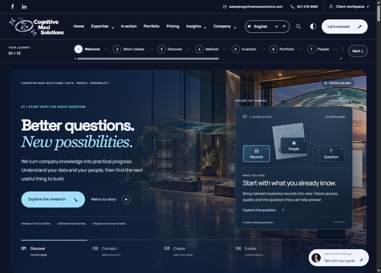 Cognitive Maxi Solutions homepage showing Better questions. New possibilities., the interactive research illustration and chapter navigation.