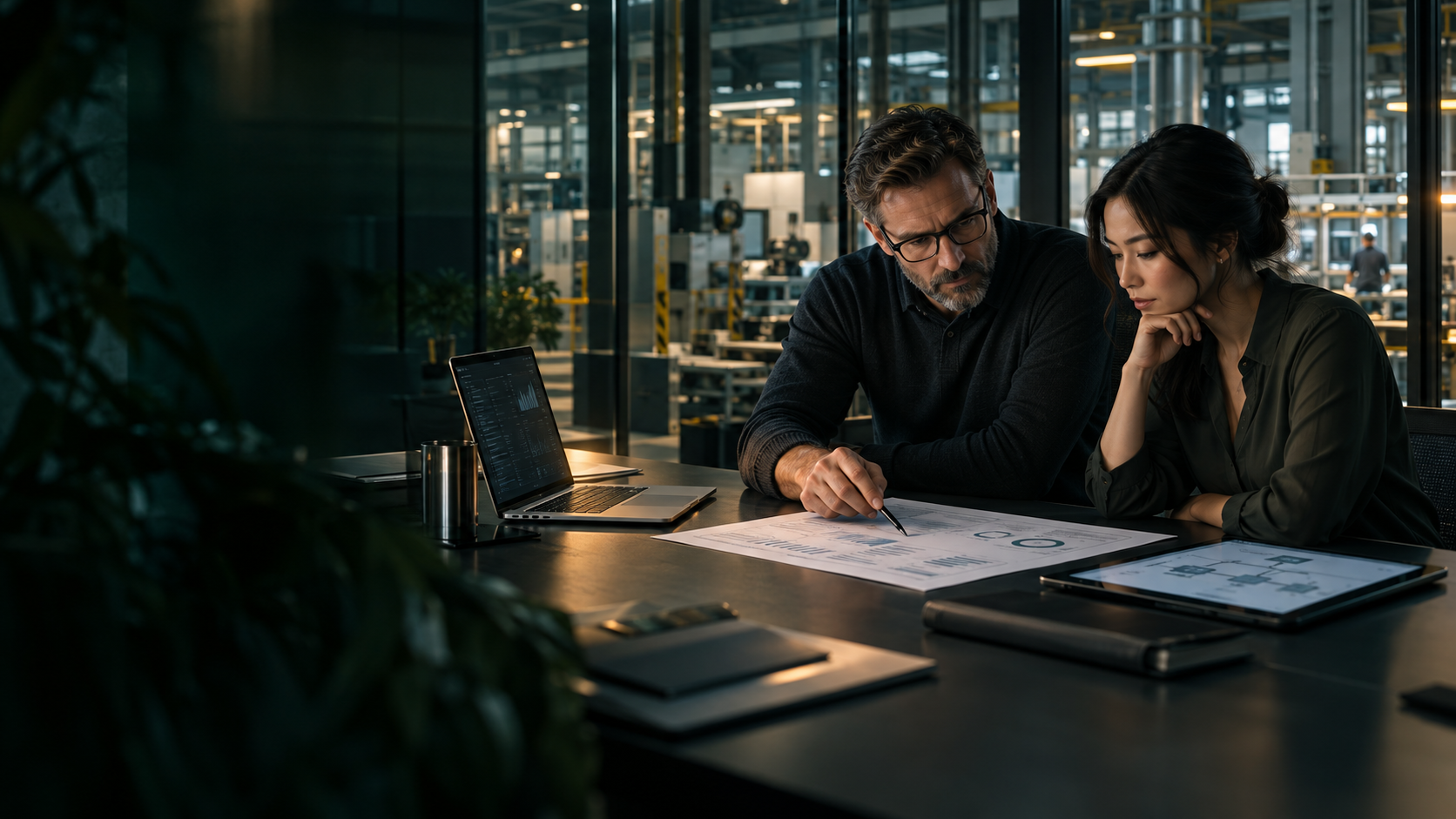 Illustration of collaborators reviewing evidence together in a manufacturing planning space.